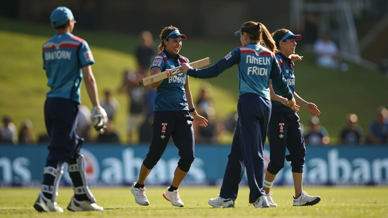 Tactical view of the field during a Hundred Women's match with bowler running in and batter set at the crease