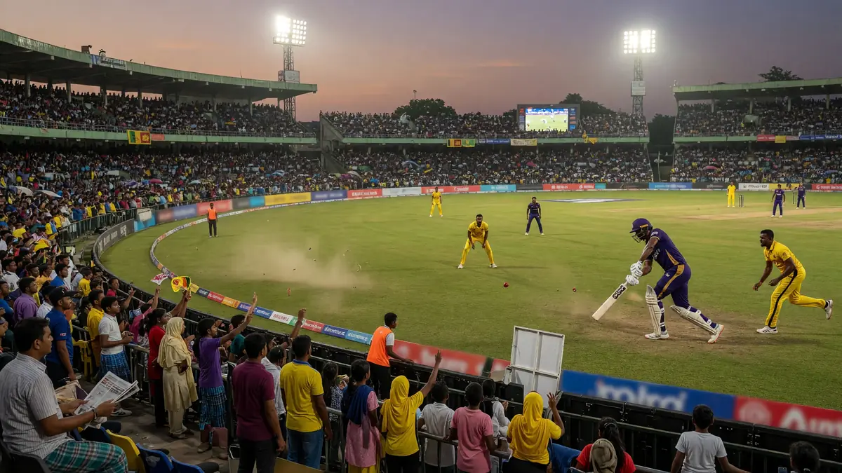 Wide view of Pallekele International Cricket Stadium under overcast skies ahead of an LPL T20 fixture