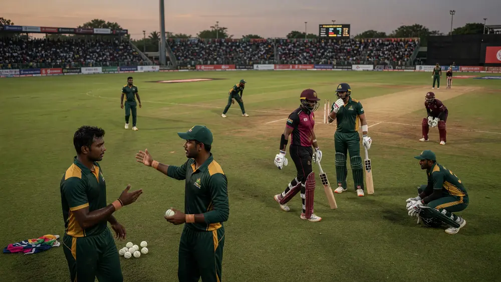 Fielders and bowler set a tactical ring on a green T20 outfield during a professional cricket match