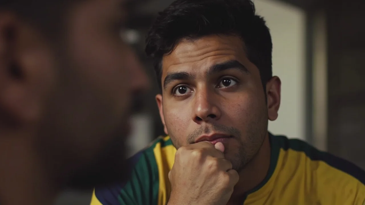 Close editorial frame of a wicketkeeper-batter in team training kit holding a helmet, with a press conference backdrop softly out of focus